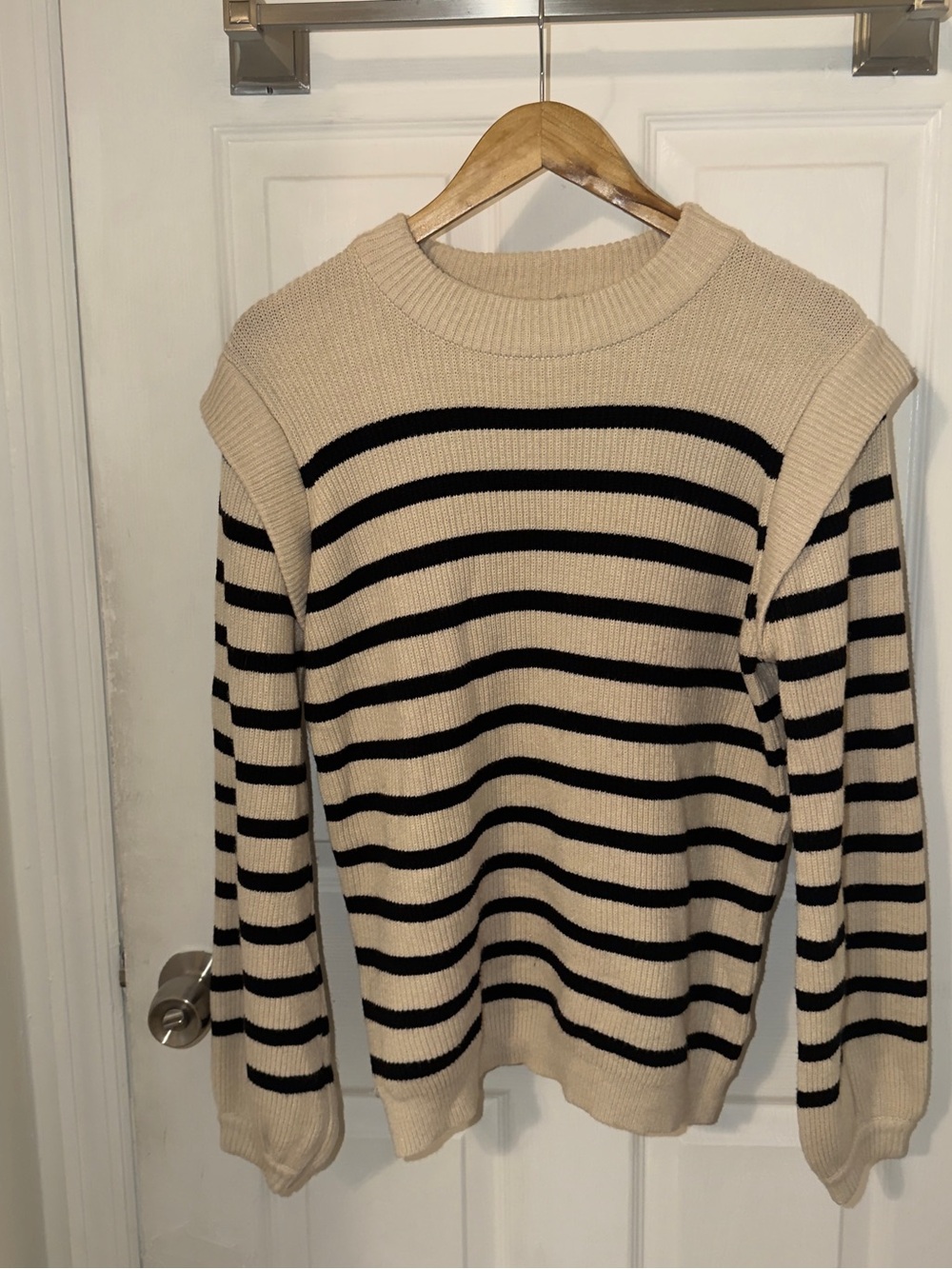 Men's Cream and Black Striped Crewneck Sweater